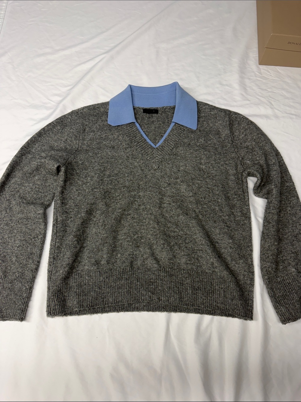 Halogen Gray V-Neck Sweater with Light Blue Collar